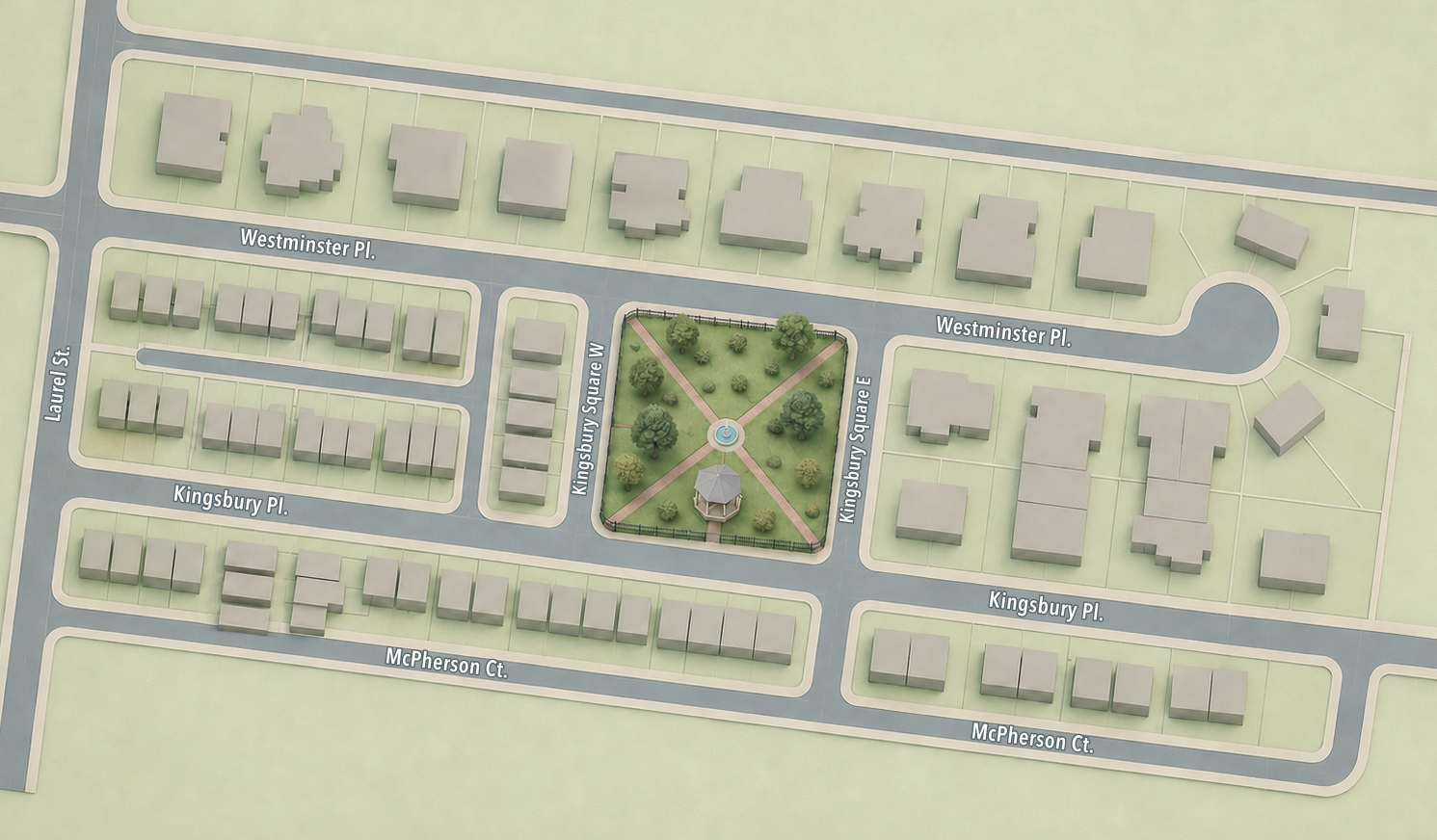 Stylized map of Kingsbury Square streets, park, and homes